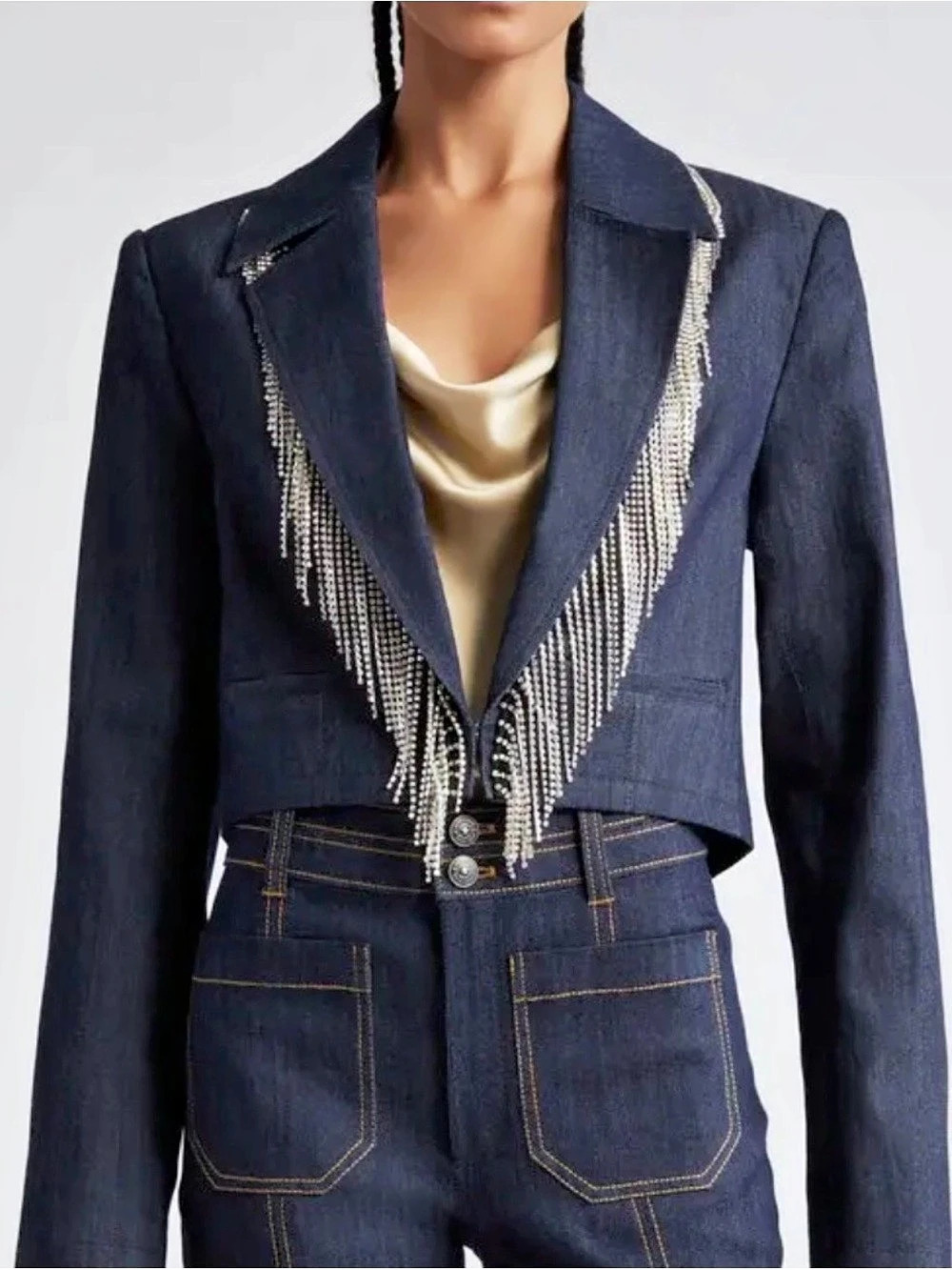 Cinq à Sept Sasha Rhinestone Fringe Denim Blazer Denim Fringe Blazer Size 8 NWT